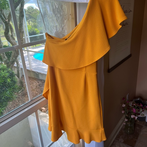 MINKPINK Mustard Yellow Ruffle One Shoulder Mini Dress - Picture 5 of 5